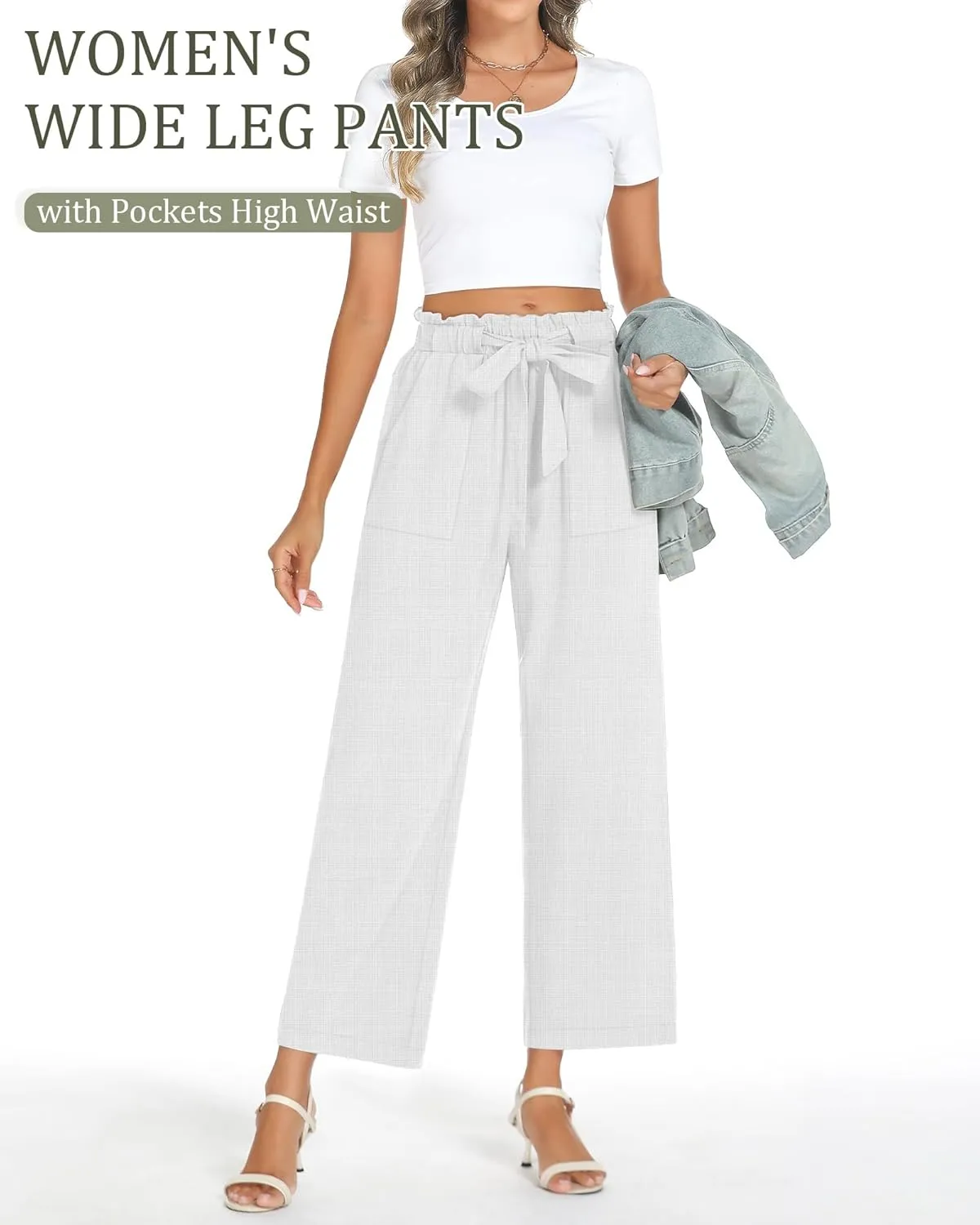 Neer Women's Linen Wide Leg Long Pants with Pocket Elastic Waist Straight Casual Pants Adjustable Tie Knot Loose Trousers