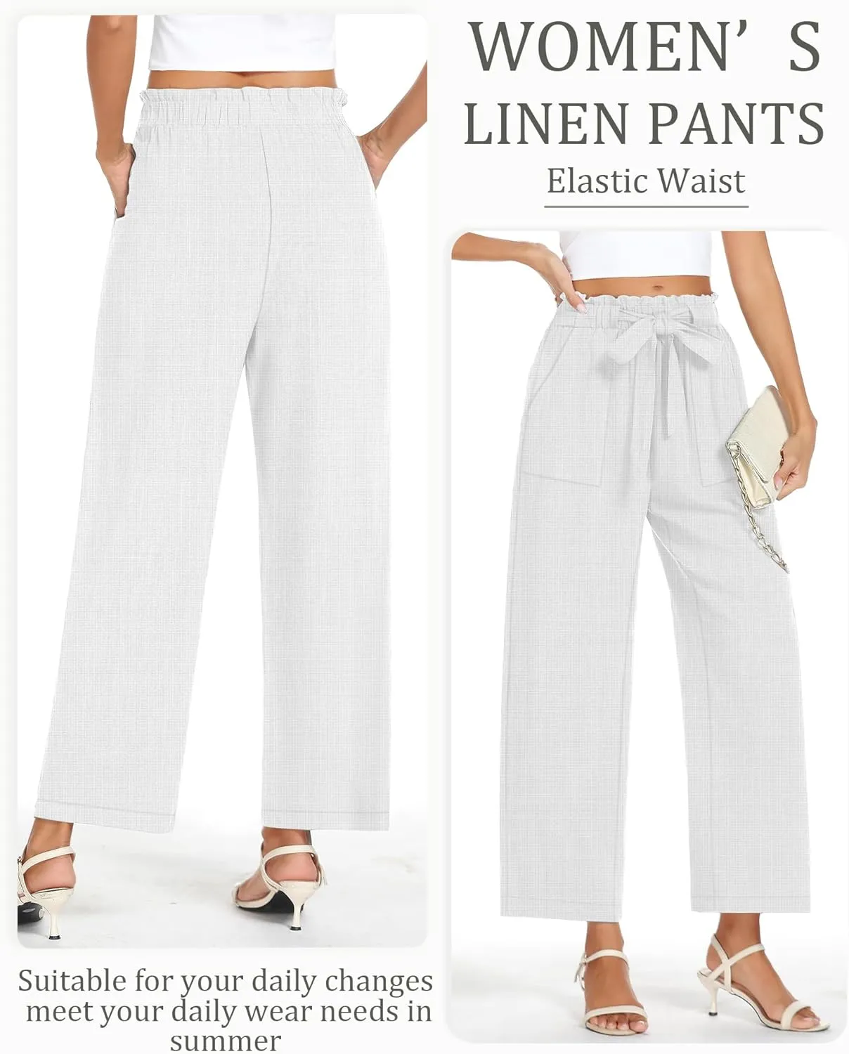 Neer Women's Linen Wide Leg Long Pants with Pocket Elastic Waist Straight Casual Pants Adjustable Tie Knot Loose Trousers