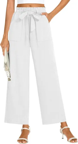 Neer Women's Linen Wide Leg Long Pants with Pocket Elastic Waist Straight Casual Pants Adjustable Tie Knot Loose Trousers