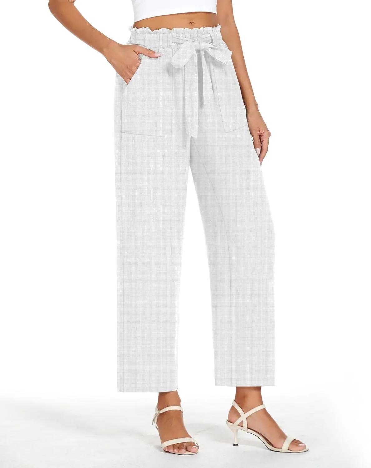 Neer Women's Linen Wide Leg Long Pants with Pocket Elastic Waist Straight Casual Pants Adjustable Tie Knot Loose Trousers