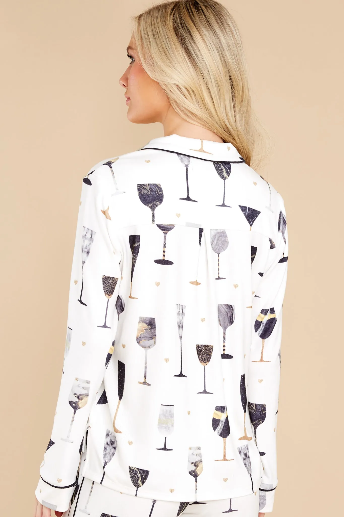 Night Cheers Ivory Wine Print Pajama Set