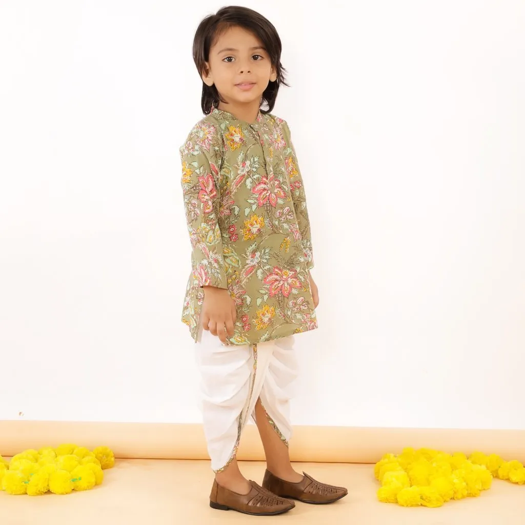 Olive Floral Boys Dhoti Kurta Set