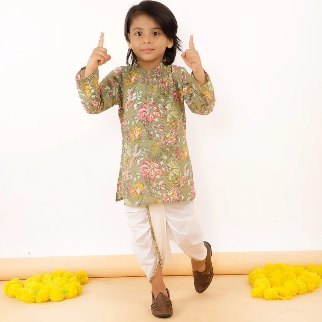 Olive Floral Boys Dhoti Kurta Set