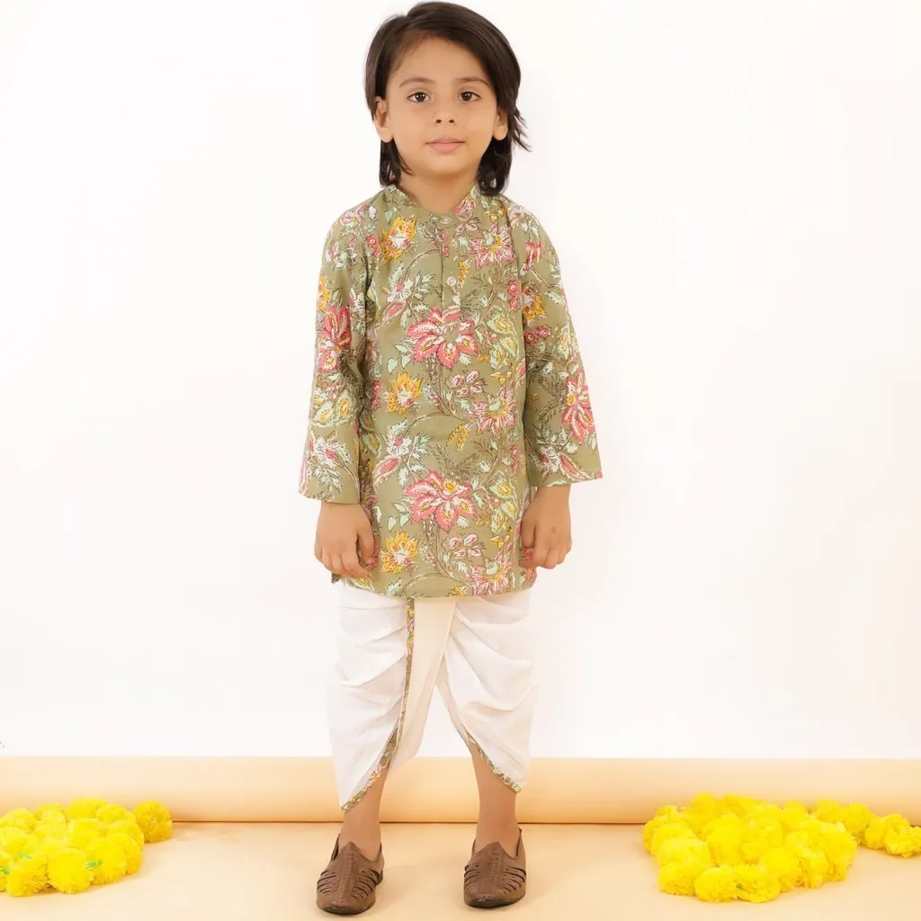Olive Floral Boys Dhoti Kurta Set