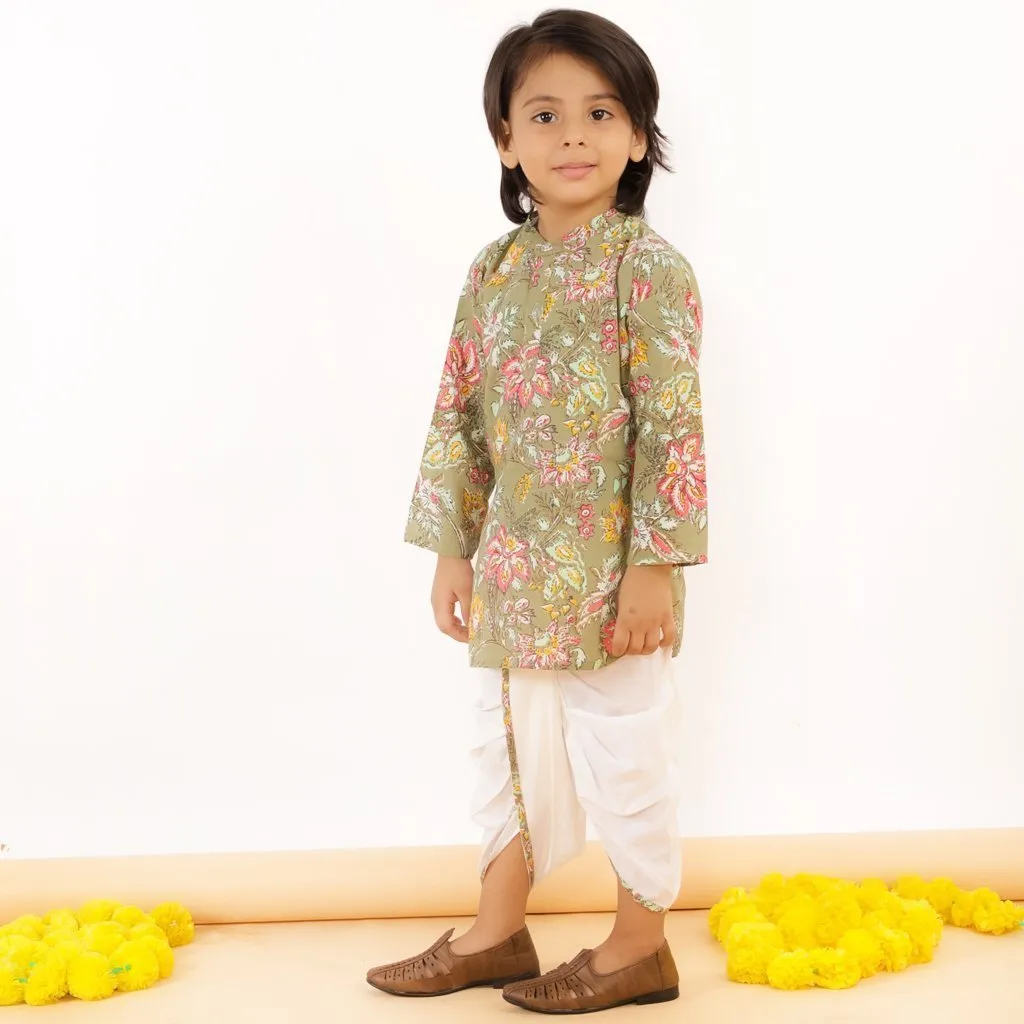 Olive Floral Boys Dhoti Kurta Set