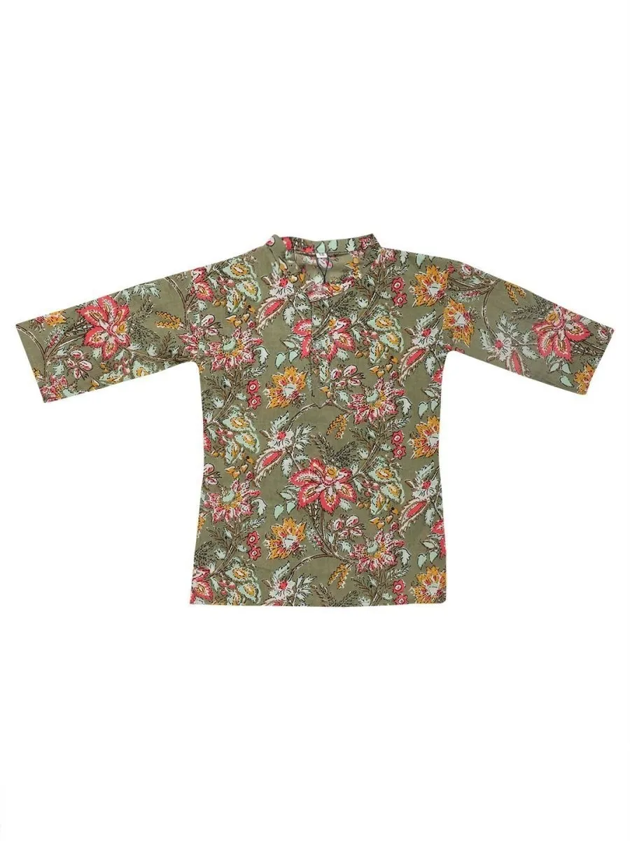 Olive Floral Boys Dhoti Kurta Set