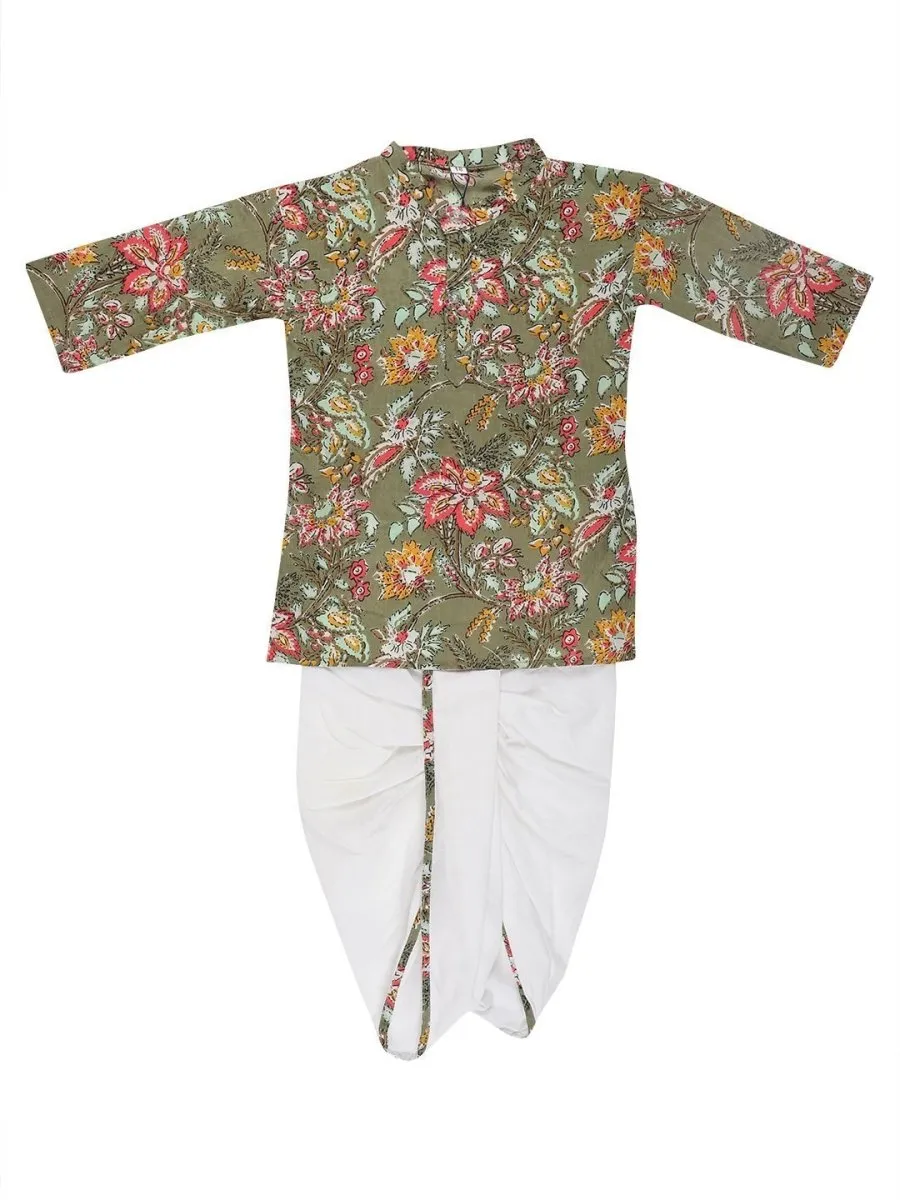 Olive Floral Boys Dhoti Kurta Set