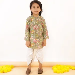 Olive Floral Boys Dhoti Kurta Set