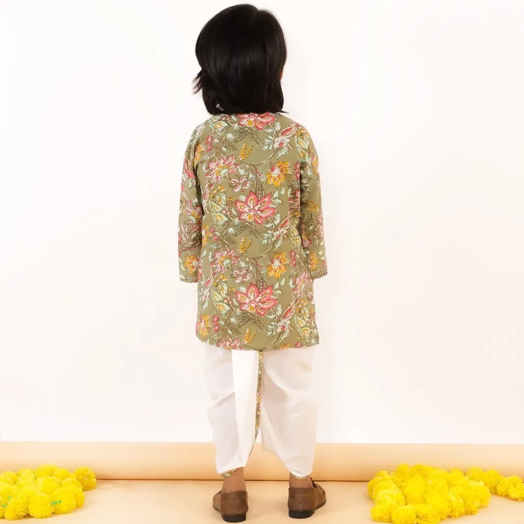Olive Floral Boys Dhoti Kurta Set