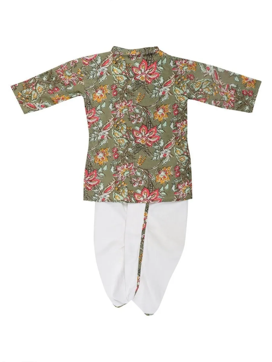 Olive Floral Boys Dhoti Kurta Set