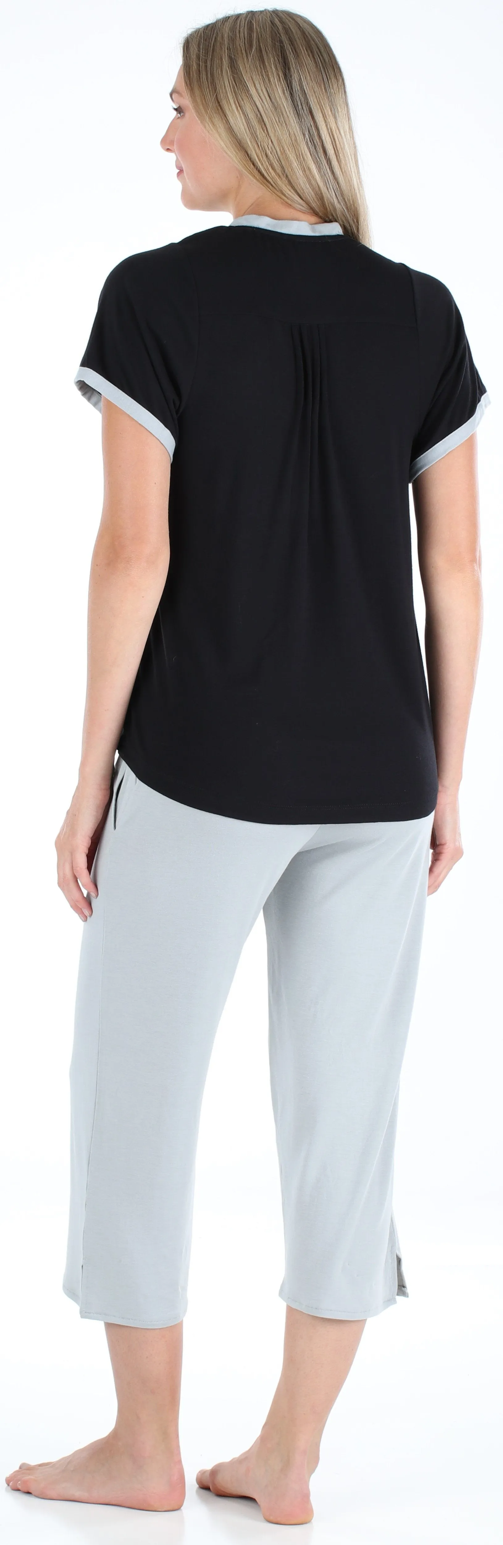 PajamaMania Women's Stretchy Knit V-Neck Top and Capri Pant Pajama Set