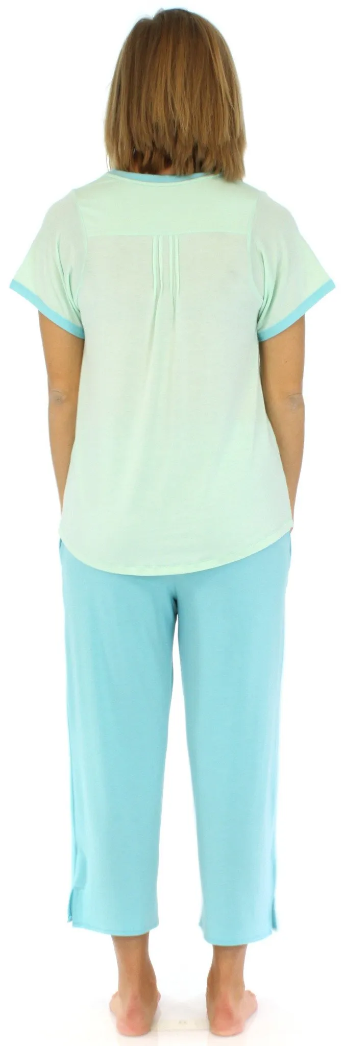 PajamaMania Women's Stretchy Knit V-Neck Top and Capri Pant Pajama Set