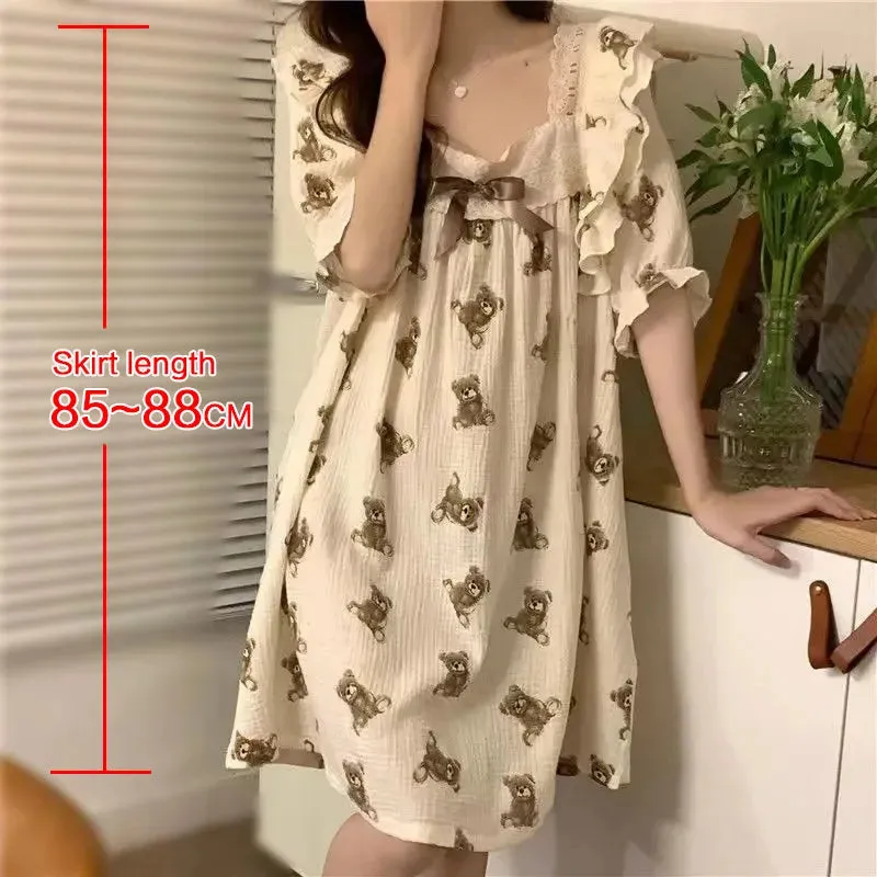 Pajamas Dress Mid Length Loose Cute Korean Version Sleepwear and Robe Bath Women's Bathrobe Home Wear Onesie New Nightwear Woman