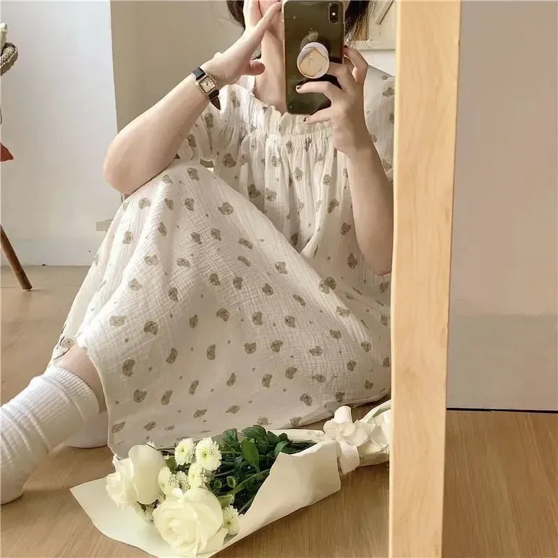 Pajamas Dress Mid Length Loose Cute Korean Version Sleepwear and Robe Bath Women's Bathrobe Home Wear Onesie New Nightwear Woman