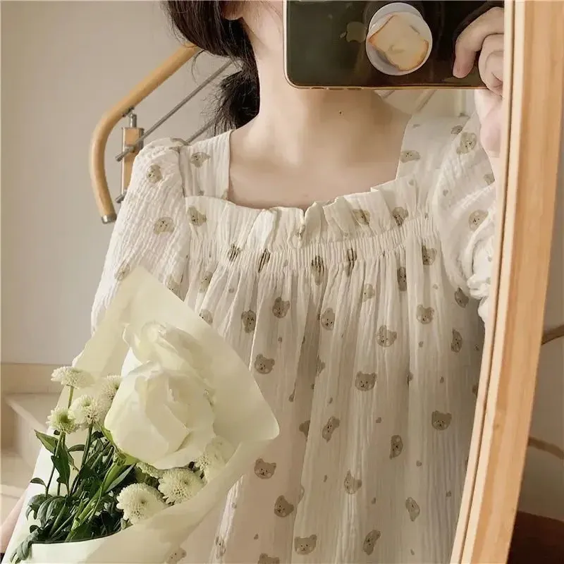 Pajamas Dress Mid Length Loose Cute Korean Version Sleepwear and Robe Bath Women's Bathrobe Home Wear Onesie New Nightwear Woman
