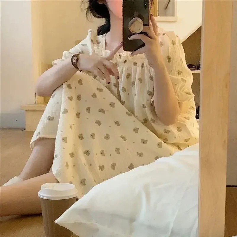 Pajamas Dress Mid Length Loose Cute Korean Version Sleepwear and Robe Bath Women's Bathrobe Home Wear Onesie New Nightwear Woman