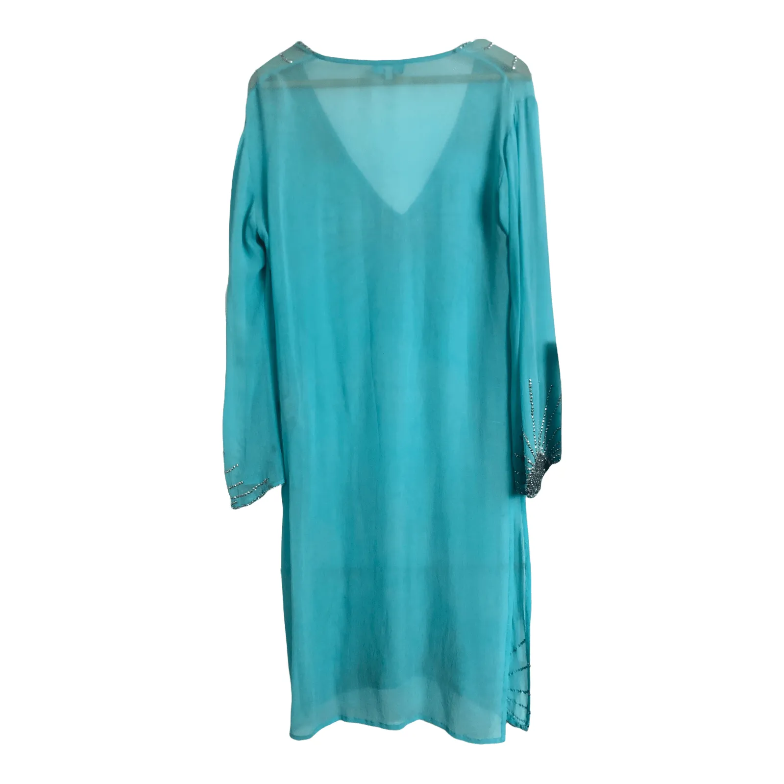 Papillon Bleu 100% Silk Long Sleeved Kaftan Dress Light Blue Sequinned Size M