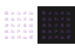 Parent and child interaction gradient icons set for dark and light mode