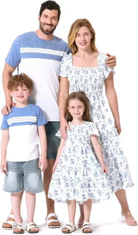 PATPAT Family Matching Outfits Boho Floral Print Square Neck Puff Sleeve Smocked Dress and Short Sleeve T-Shirts Matching Set