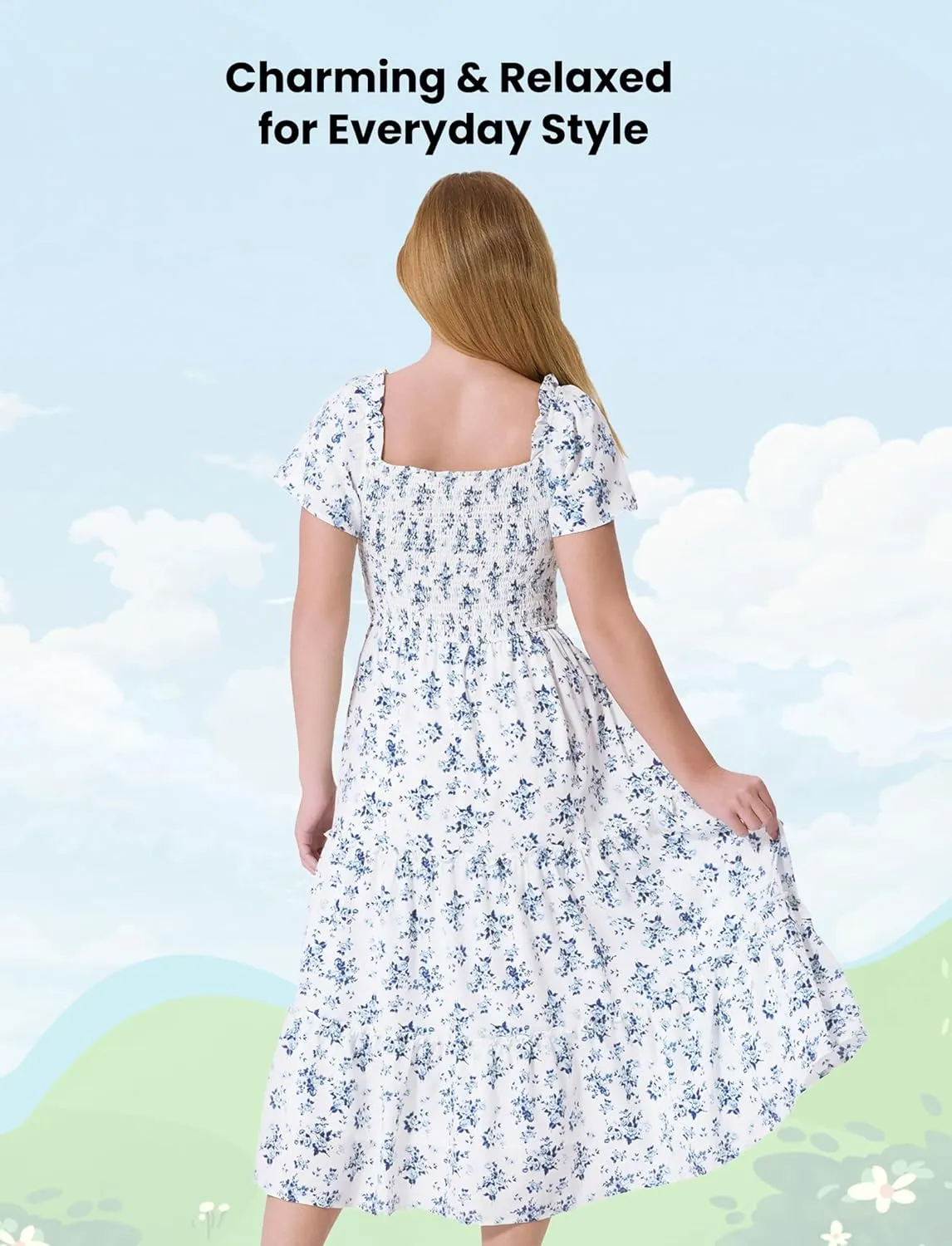 PATPAT Family Matching Outfits Boho Floral Print Square Neck Puff Sleeve Smocked Dress and Short Sleeve T-Shirts Matching Set