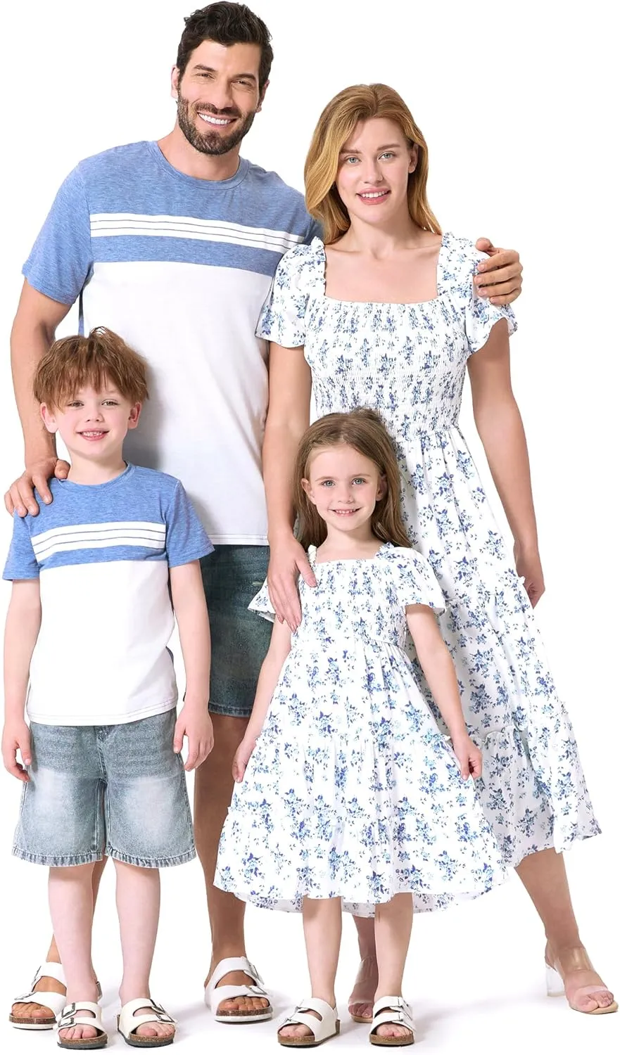 PATPAT Family Matching Outfits Boho Floral Print Square Neck Puff Sleeve Smocked Dress and Short Sleeve T-Shirts Matching Set