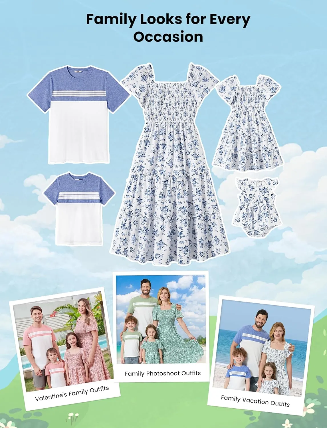 PATPAT Family Matching Outfits Boho Floral Print Square Neck Puff Sleeve Smocked Dress and Short Sleeve T-Shirts Matching Set
