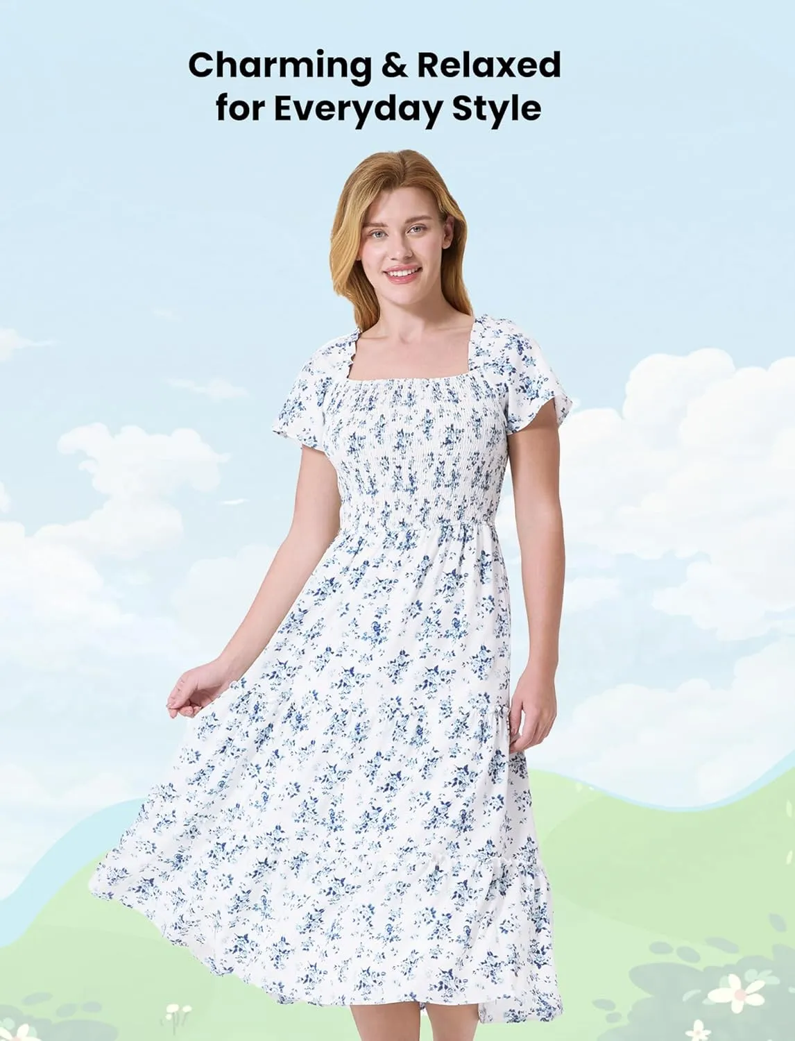 PATPAT Family Matching Outfits Boho Floral Print Square Neck Puff Sleeve Smocked Dress and Short Sleeve T-Shirts Matching Set