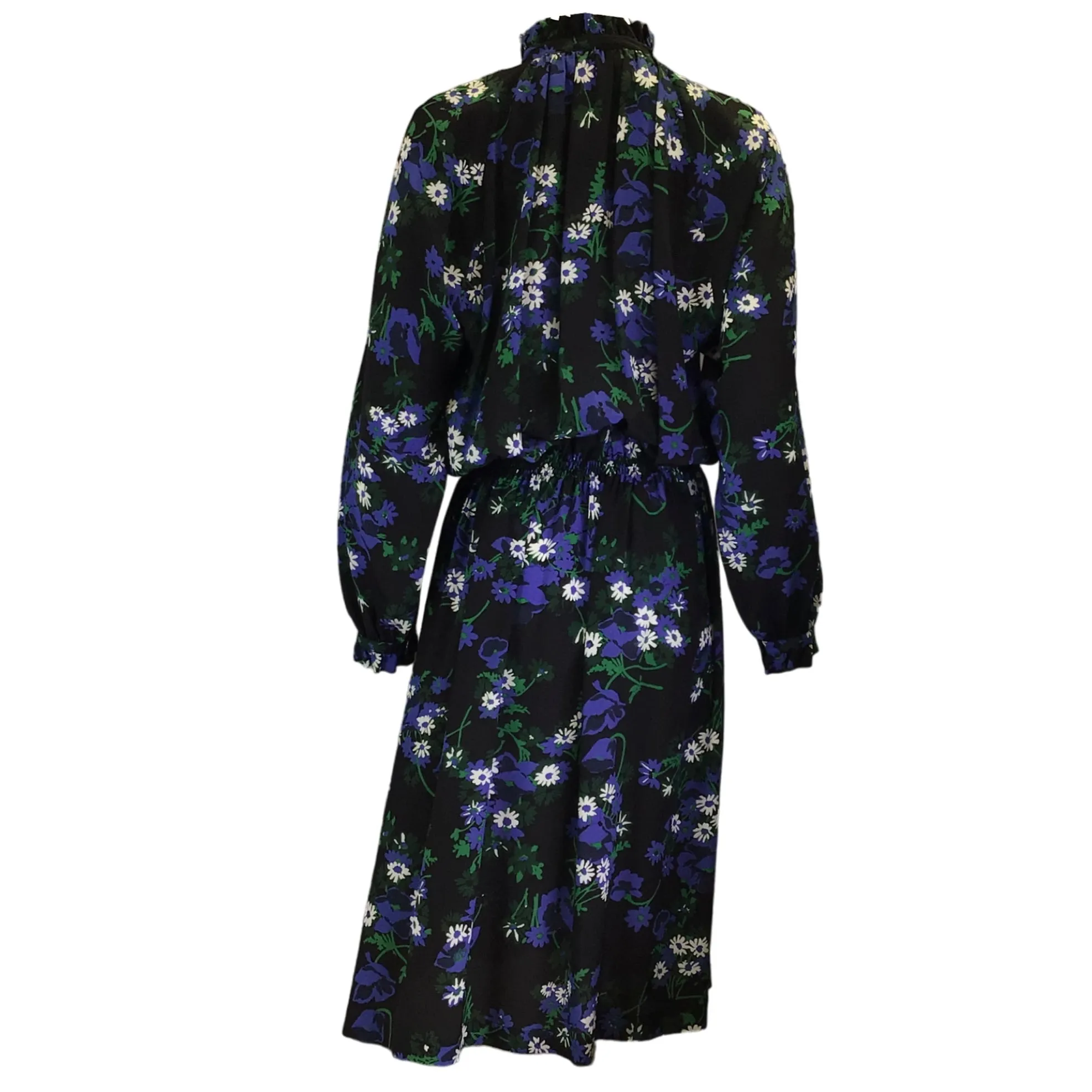 Plan C Black / Blue / Green Multi Floral Printed Long Sleeved Silk Midi Dress