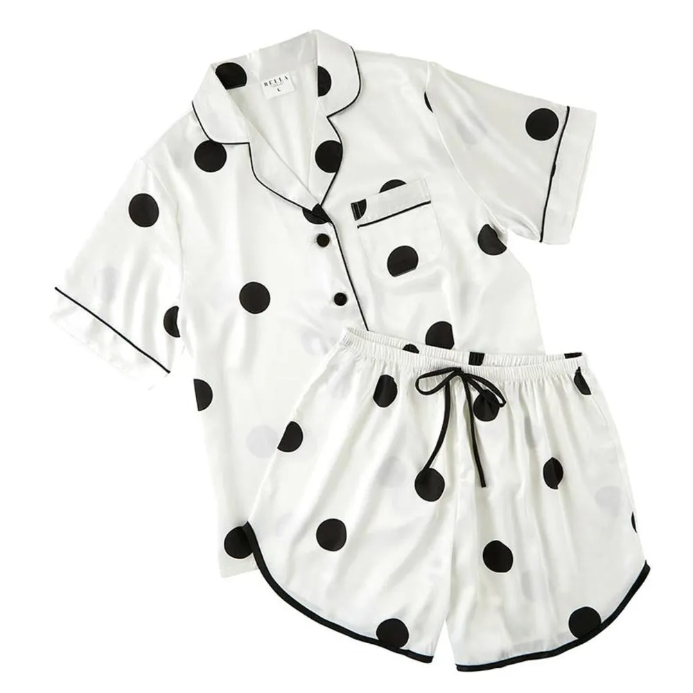 Polka Dot Satin Short PJ Set - White