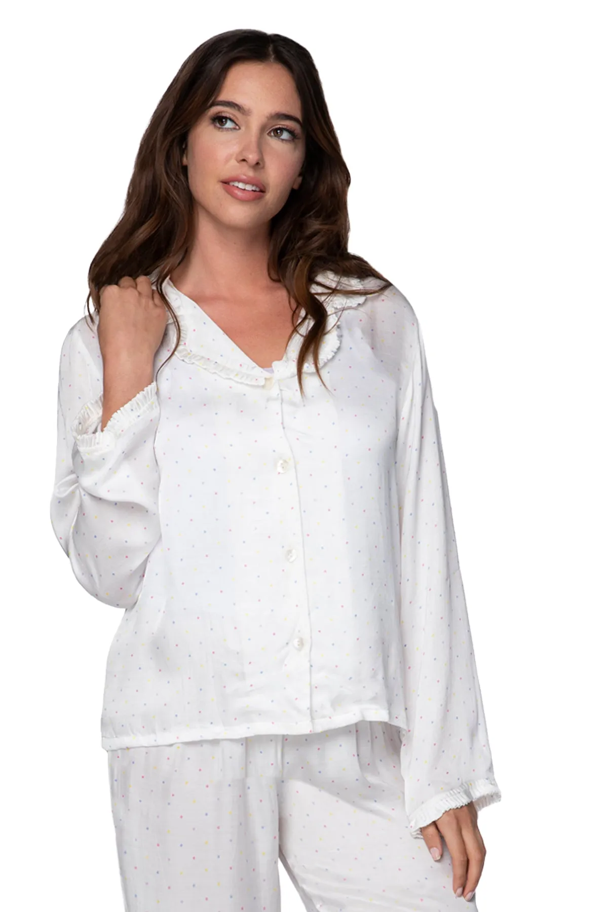 Printed Satin Lounge Set in White with Dots Print