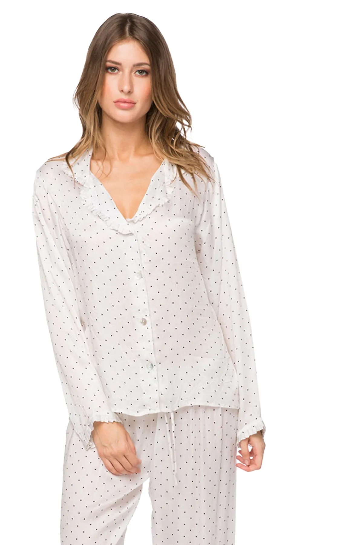 Printed Satin Lounge Set in White with Dots Print