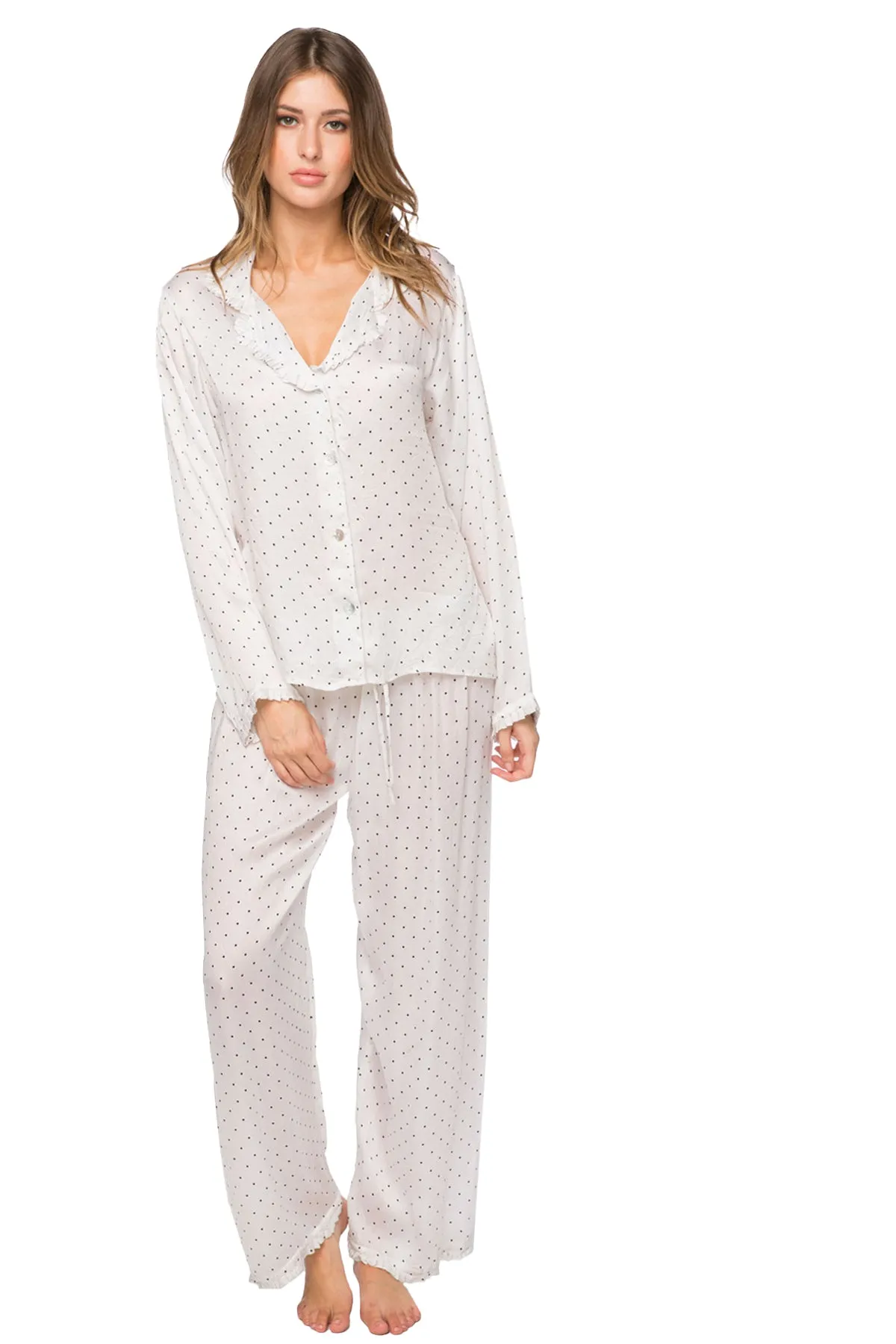 Printed Satin Lounge Set in White with Dots Print
