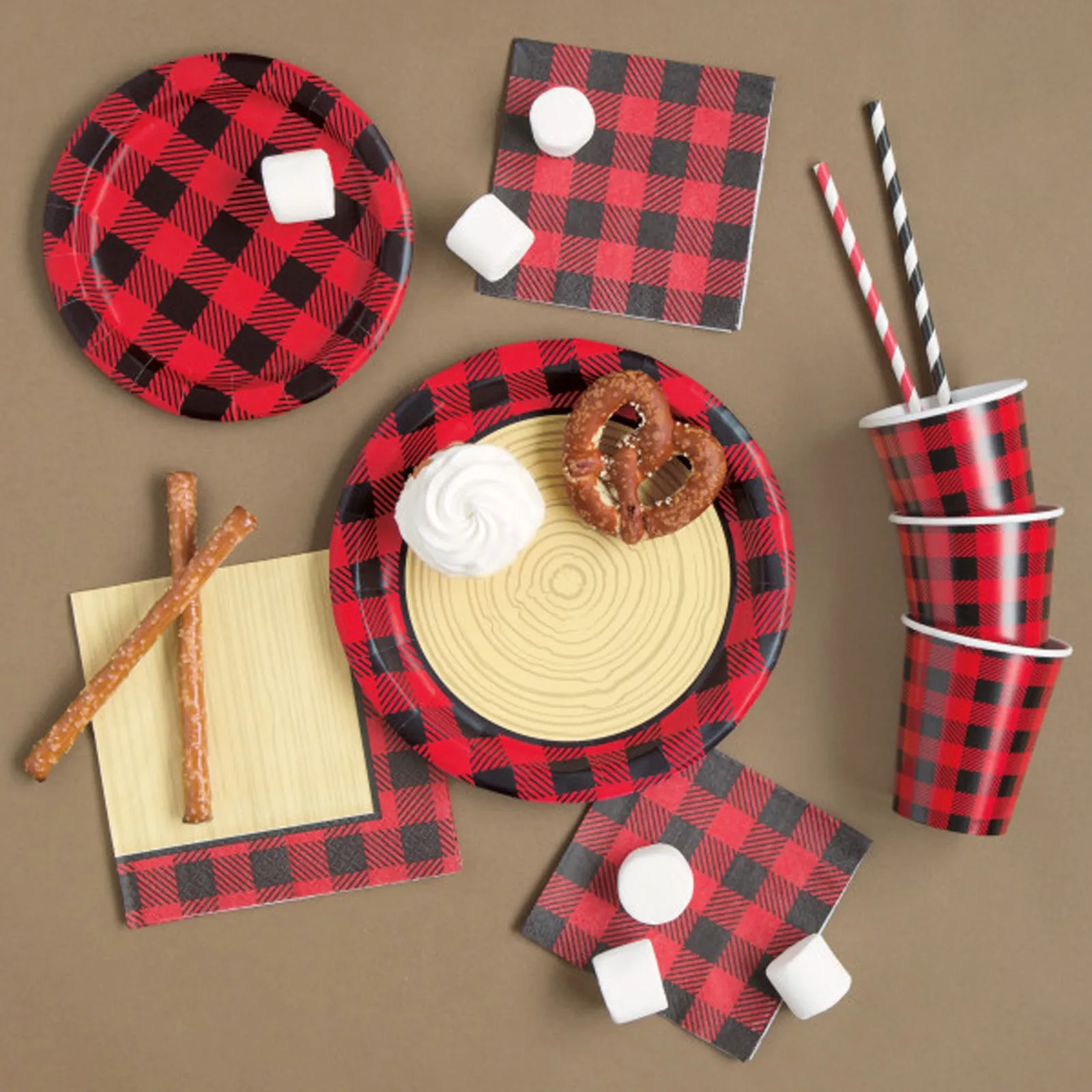 Red & Black Flannel Buffalo Plaid Dessert Party Pack - Paper Plates, Beverage Napkins, and Paper Cups (Serves 16)