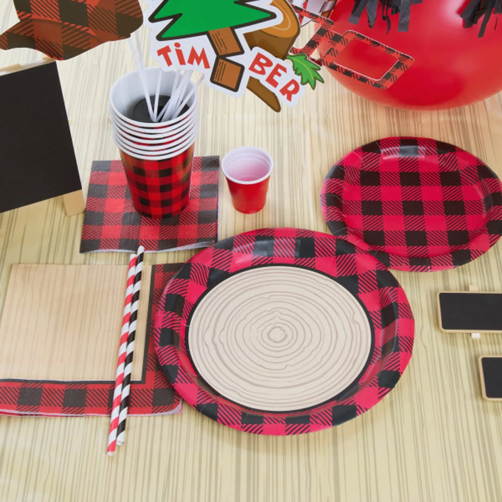 Red & Black Flannel Buffalo Plaid Dessert Party Pack - Paper Plates, Beverage Napkins, and Paper Cups (Serves 16)