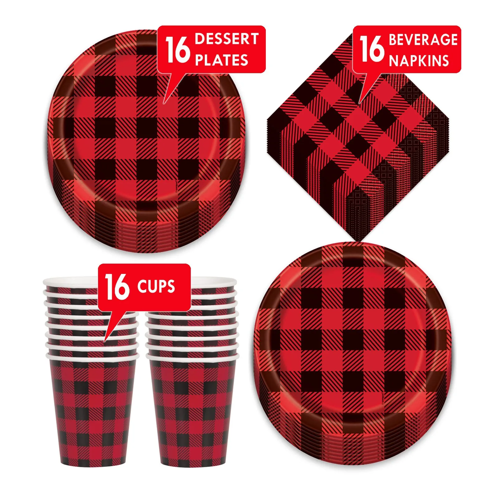 Red & Black Flannel Buffalo Plaid Dessert Party Pack - Paper Plates, Beverage Napkins, and Paper Cups (Serves 16)