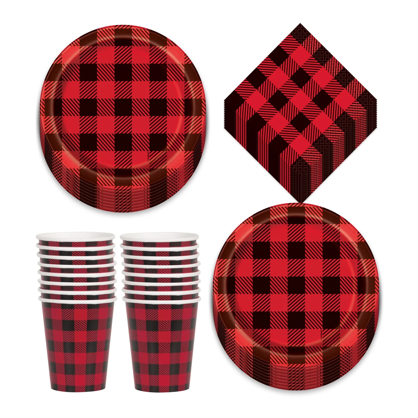 Red & Black Flannel Buffalo Plaid Dessert Party Pack - Paper Plates, Beverage Napkins, and Paper Cups (Serves 16)