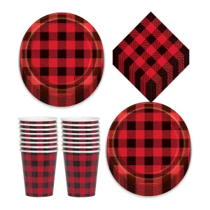 Red & Black Flannel Buffalo Plaid Dessert Party Pack - Paper Plates, Beverage Napkins, and Paper Cups (Serves 16)