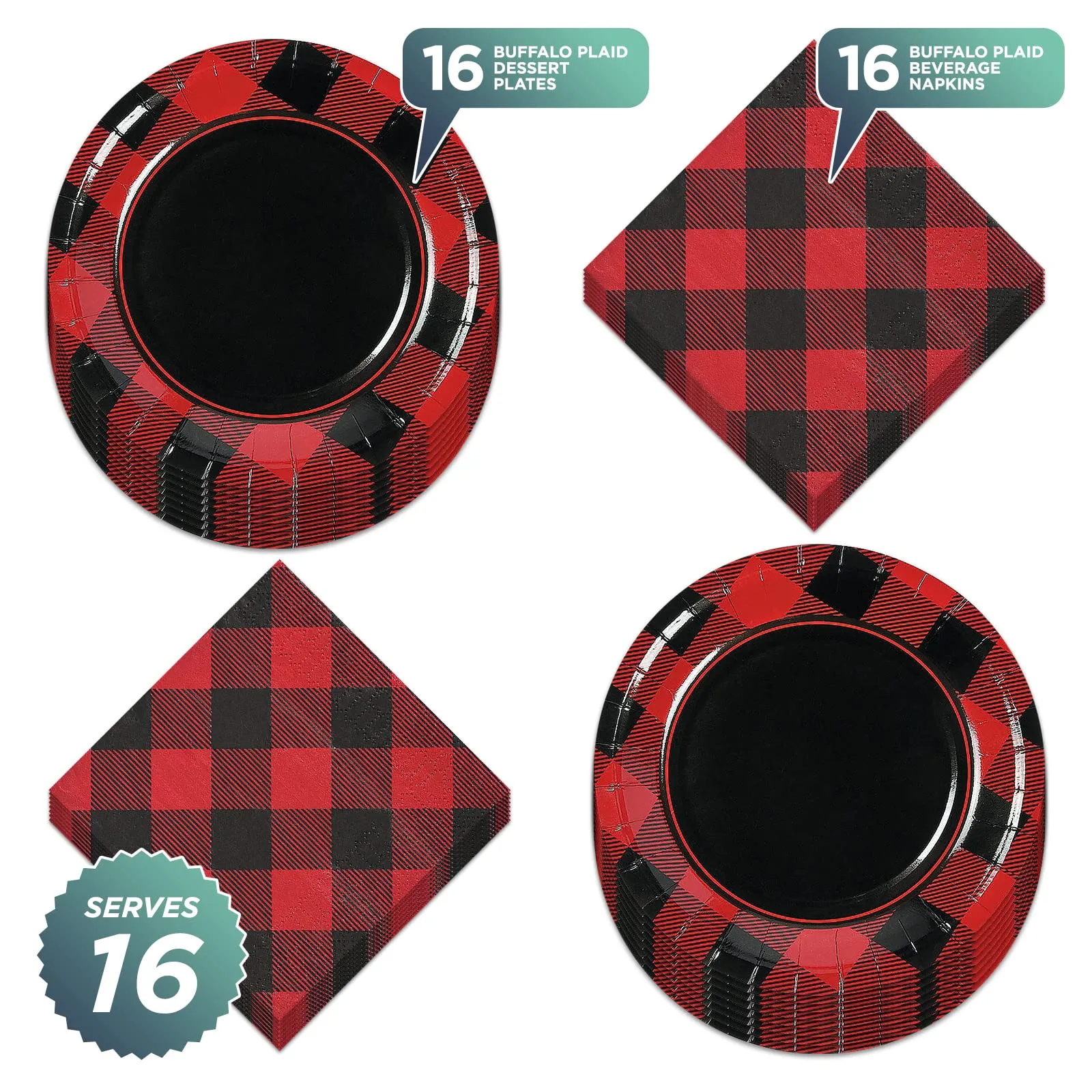 Red and Black Buffalo Plaid Checkered Paper Dessert Plates and Beverage Napkins (Serves 16)