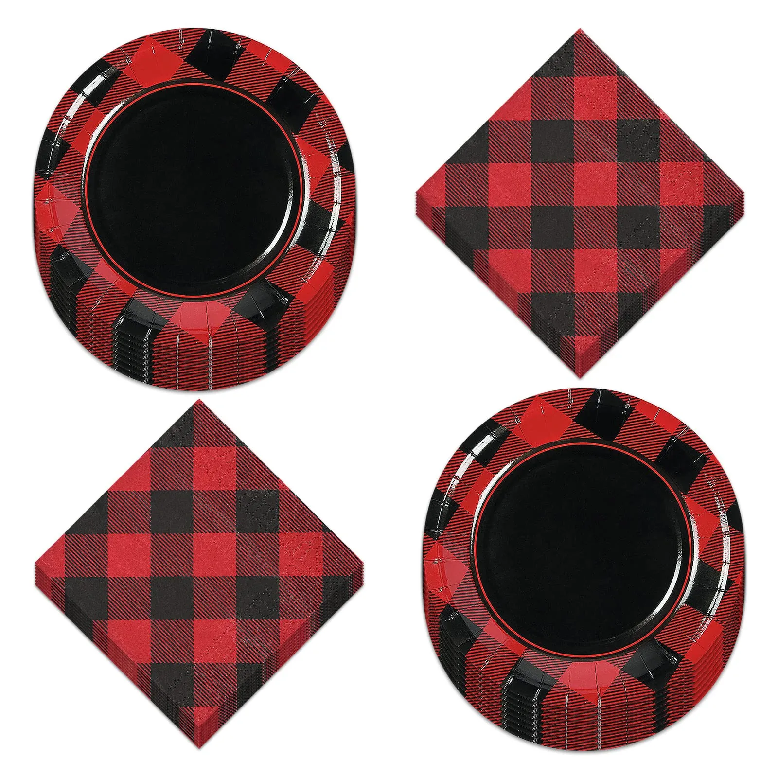 Red and Black Buffalo Plaid Checkered Paper Dessert Plates and Beverage Napkins (Serves 16)