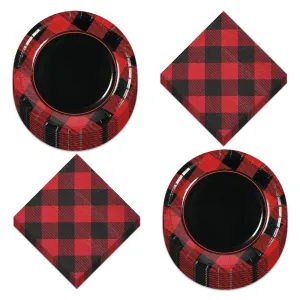 Red and Black Buffalo Plaid Checkered Paper Dessert Plates and Beverage Napkins (Serves 16)