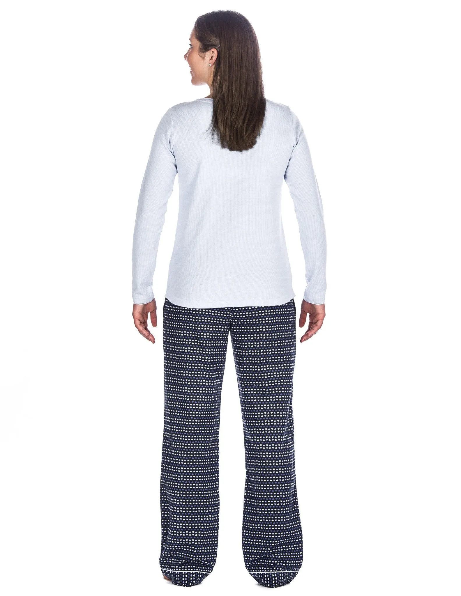 Relaxed Fit Womens Cotton Flannel Lounge Set with Crew Neck Top - Hearts Blue