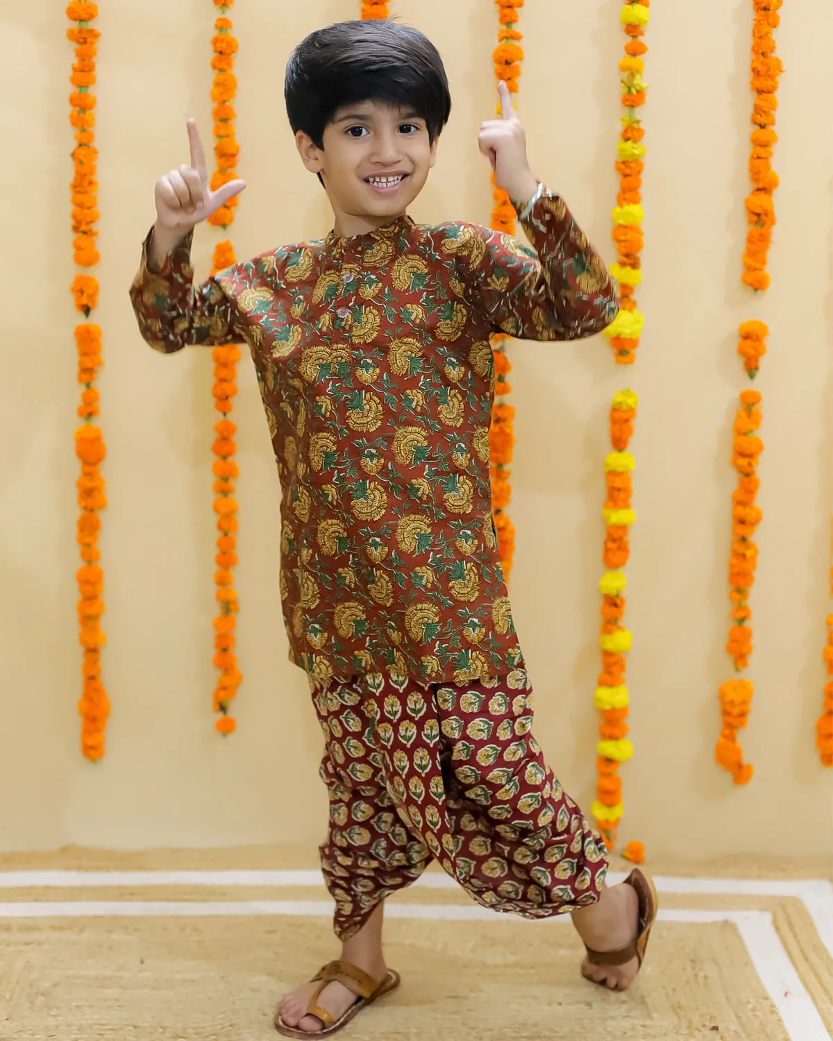 Rust Block Print Boys Dhoti Kurta Set