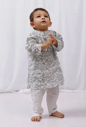 Set of 2: Black Hand Block Printed Cotton Kurta and White Pajama Set
