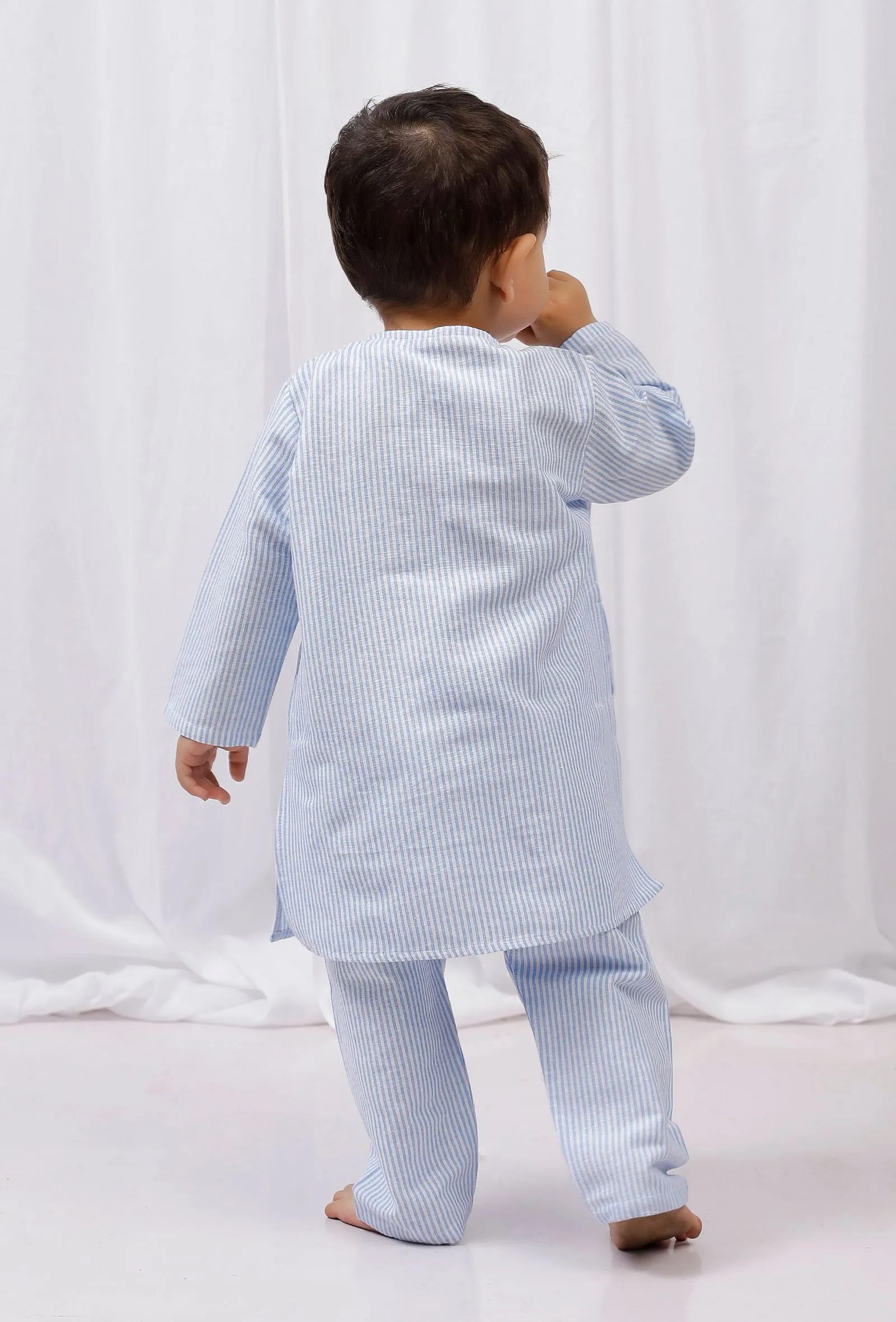 Set of 2: Blue Striped Cotton Kurta and Pajama Set