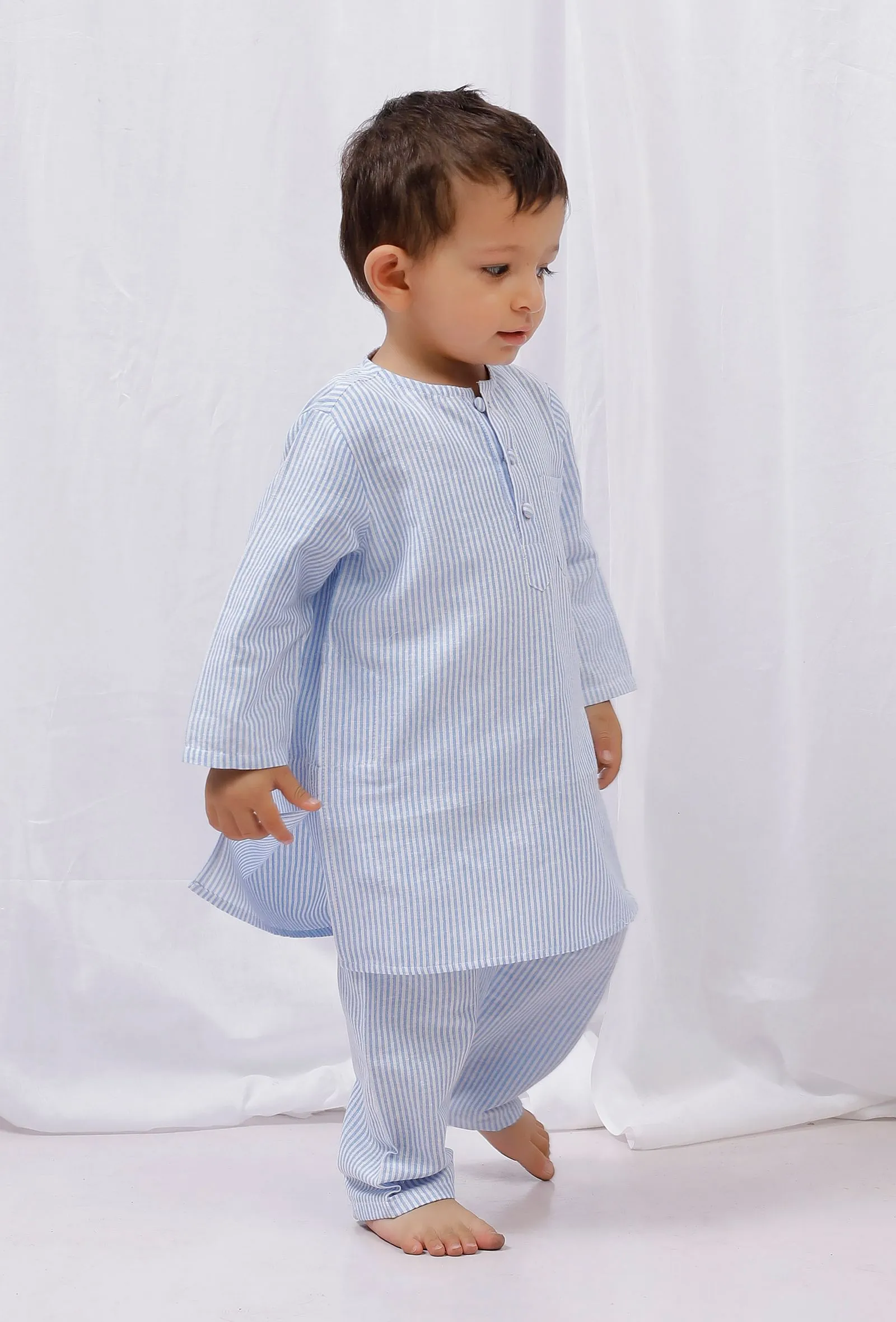 Set of 2: Blue Striped Cotton Kurta and Pajama Set