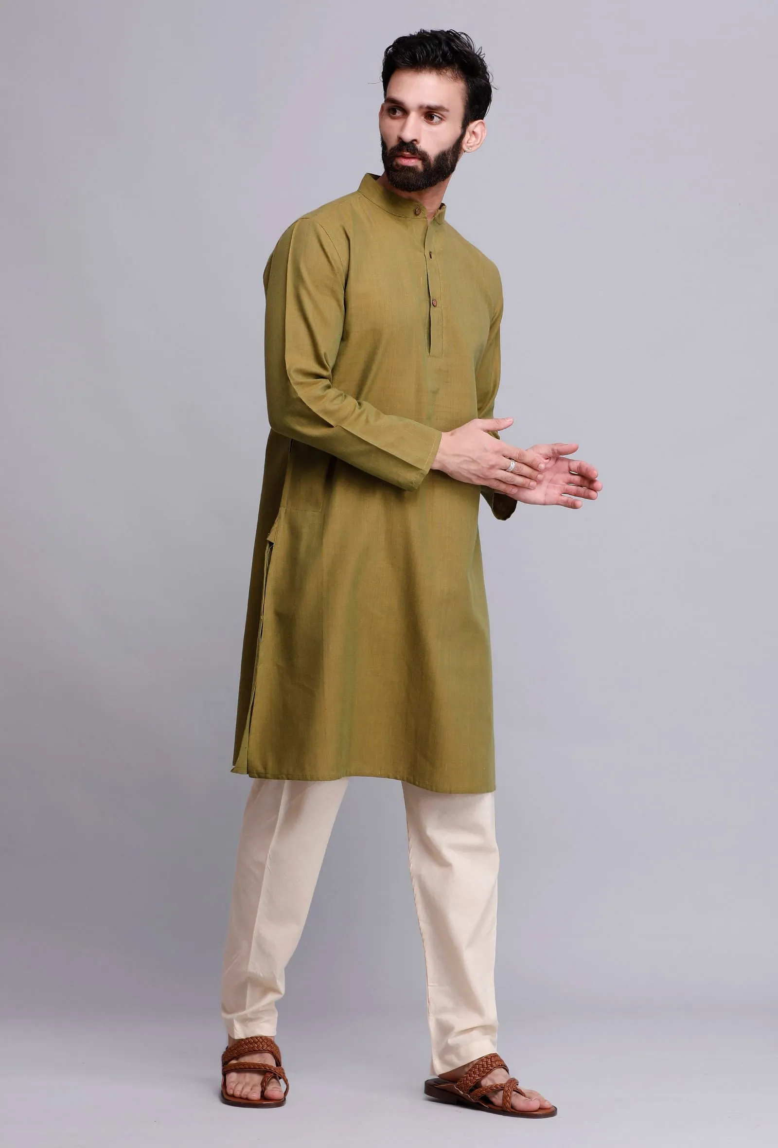 Set of 2: Olive Green Cotton Kurta and Pajama
