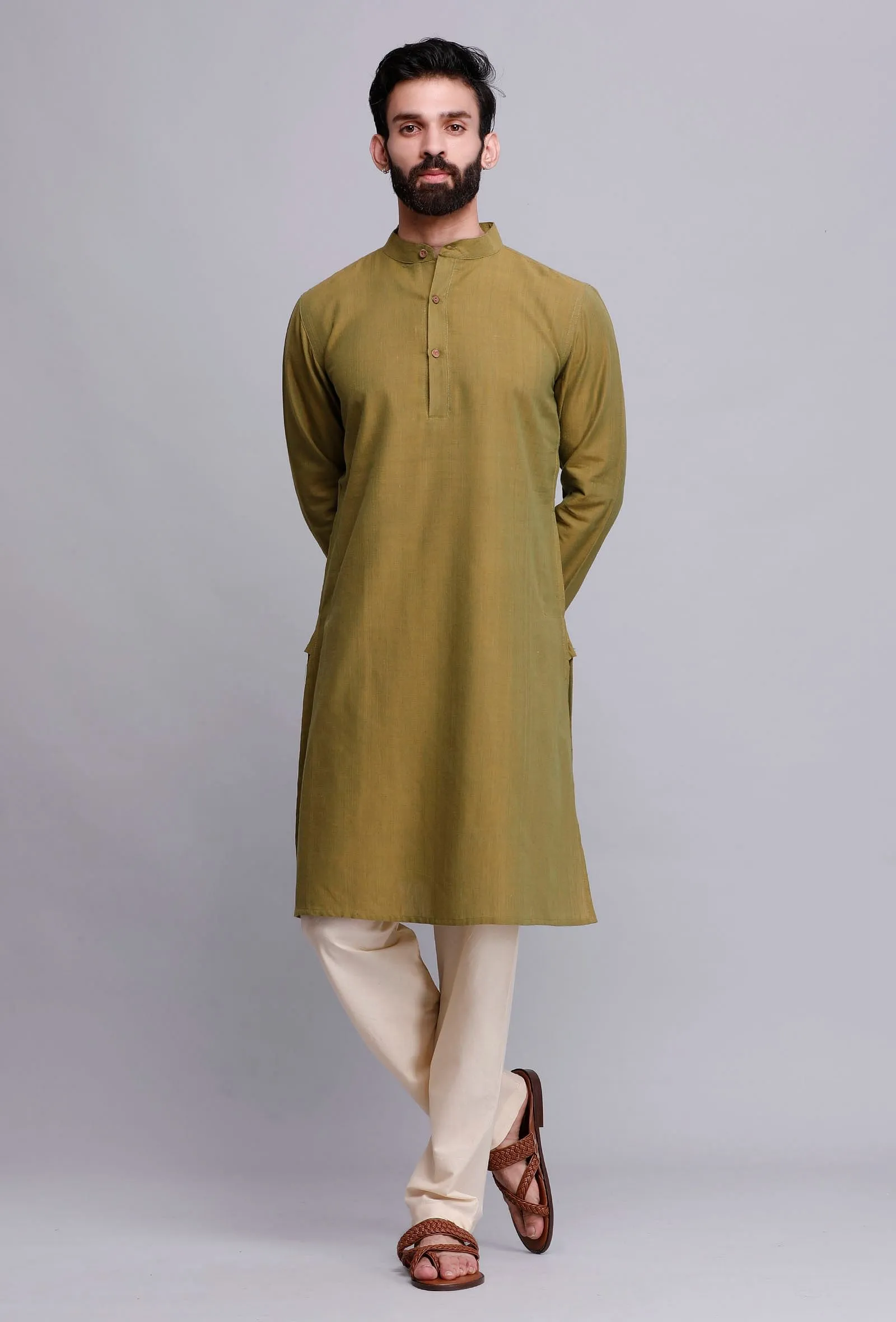 Set of 2: Olive Green Cotton Kurta and Pajama