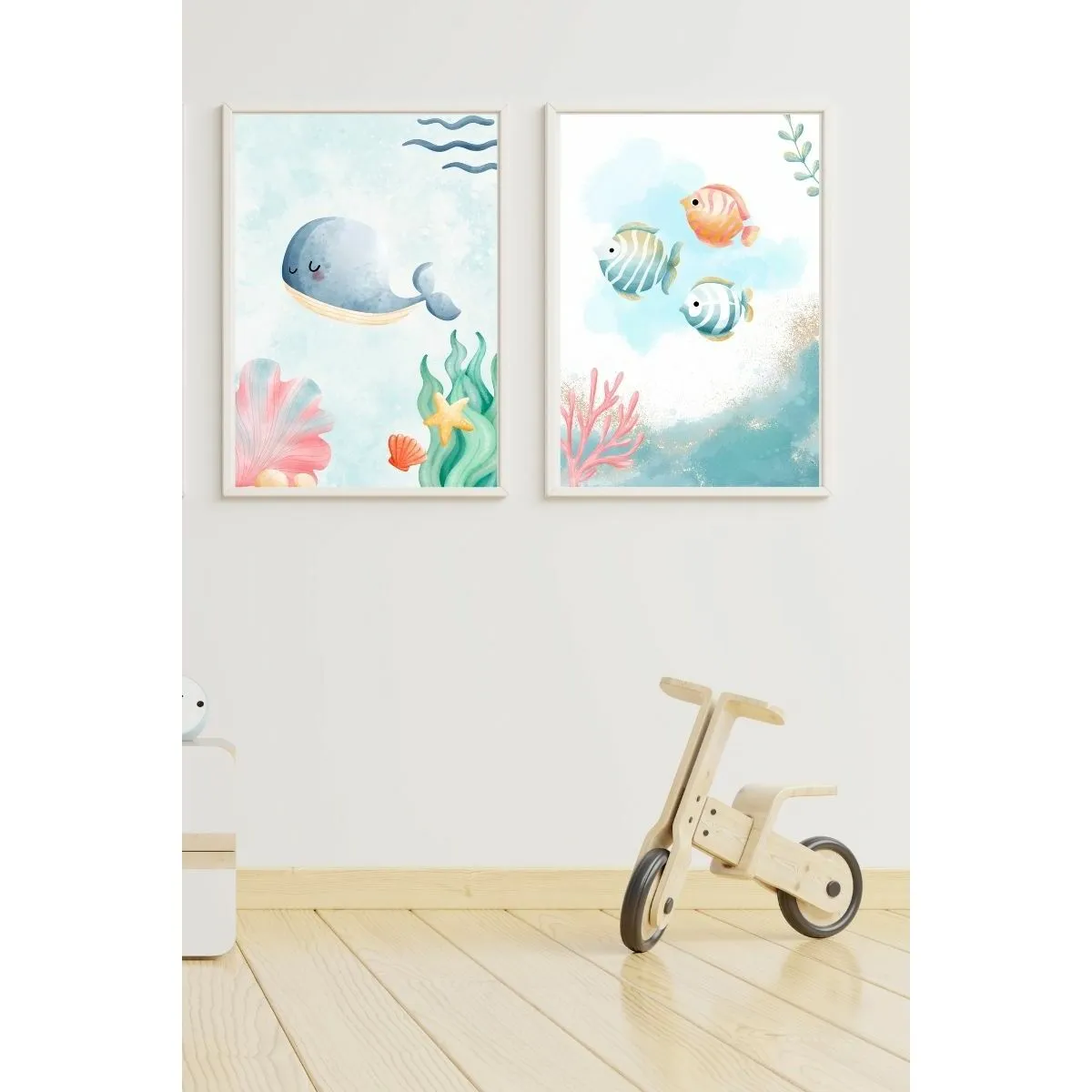 Set of 2 pictures Crochetts polystyrene MDF Wood Children's Octopus Whale Fish 33 x 43 x 2 cm Set 2 Pieces