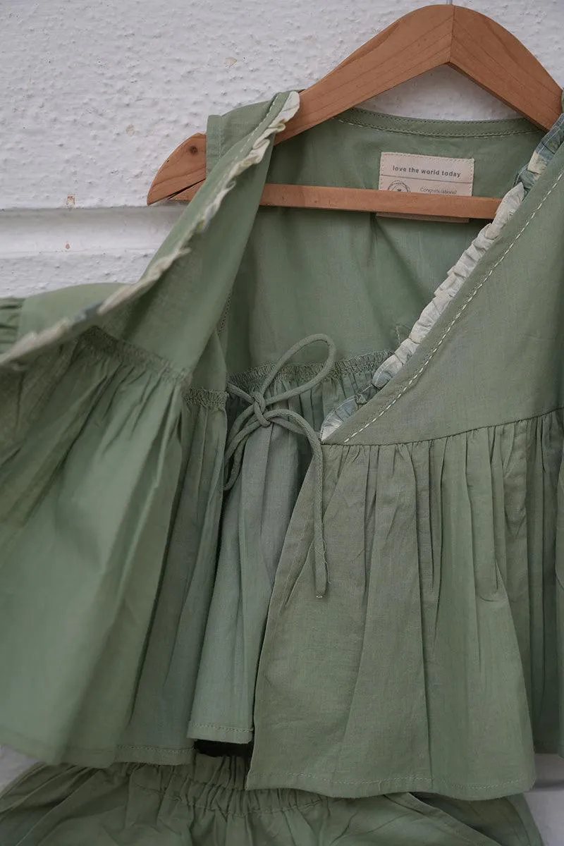 Set of 2 - 'Pista Barfi’ girls wrap top and pant coord set in green