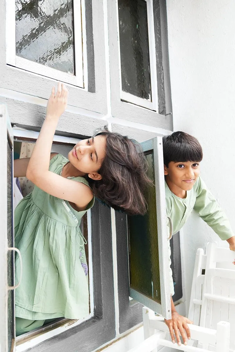 Set of 2 - 'Pista Barfi’ girls wrap top and pant coord set in green